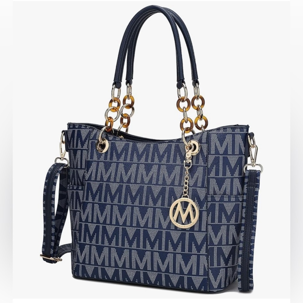 Stylish Blue Handbag with Gold Accents